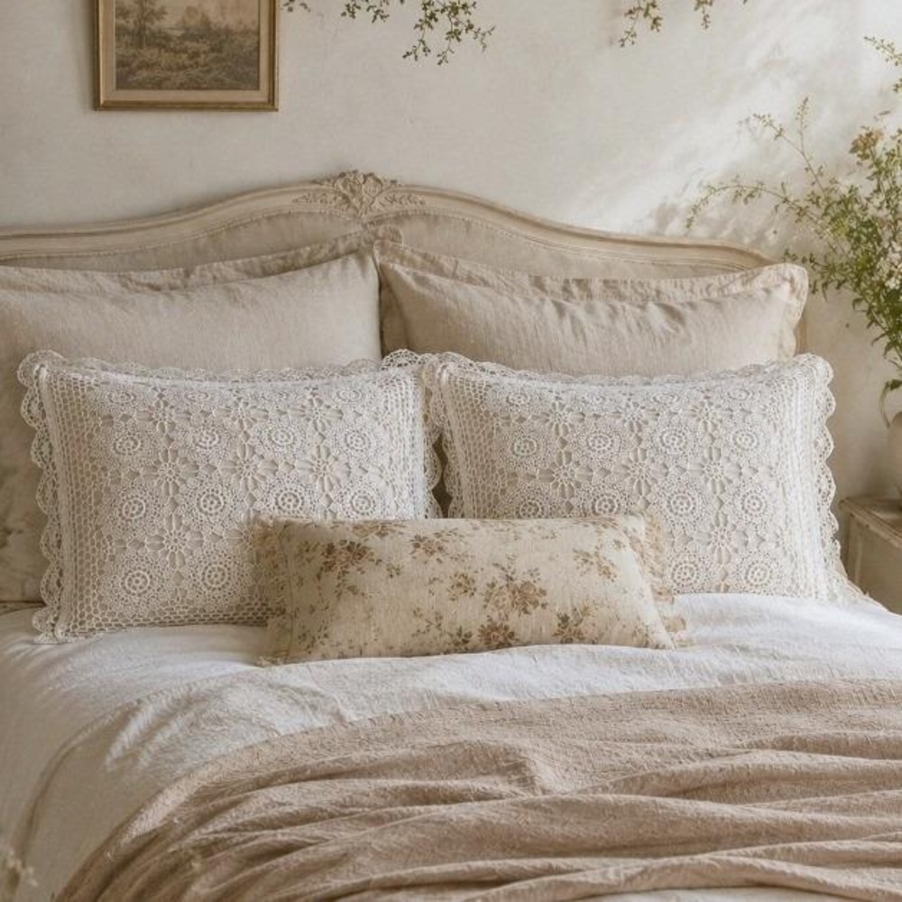 Crochet Lace Pillow Shams Set of 2 Floral Cotton 20x26 Romantic Boho Cottagecore